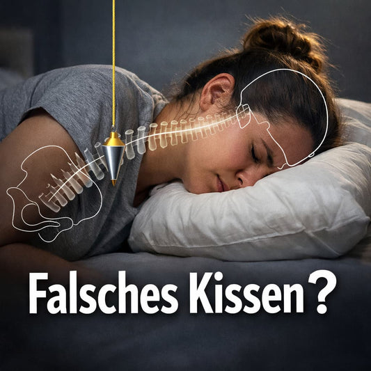 Frau liegt mit abknickender Halswirbelsäule auf einem Kopfkissen, auf der eine gerade Lotlinie nicht ermöglicht wird