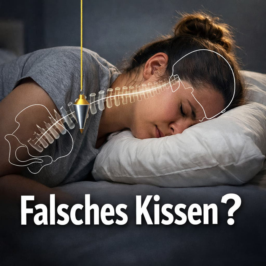 Frau liegt mit abknickender Halswirbelsäule auf einem Kopfkissen, auf der eine gerade Lotlinie nicht ermöglicht wird