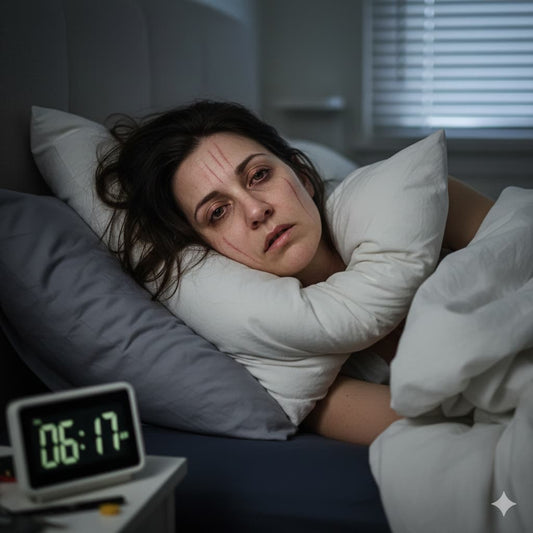 Frau, völlig kaputt, nach einer furchtbar schlechten Nachtz, kein Auge zubekommen