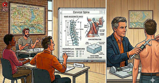 Zweiteilige Grafik zur Kissenhöhen-Anpassung: Links eine Schulung im Klassenzimmer mit einer anatomischen Tafel der Halswirbelsäule (Cervical Spine) zur Kissenhöhe; rechts die symbolische Vermessung des Wand-Nackenmitte-Maßes am Kunden